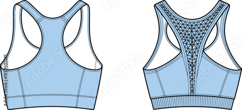 Two blue sports bras with different back shown side by side athletic wear racerback mesh