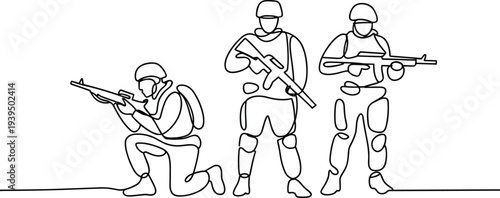 Three soldiers in combat poses holding rifles with protective gear and backpacks helmets