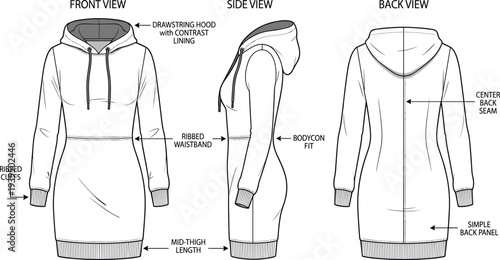 Hooded dress technical illustration vector fashion apparel garment construction design graphics, bodycon fit concept, black and white creative art collection