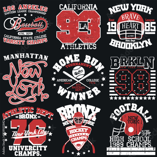 Set of 9 Grunge American City Sports League Apparel Badges