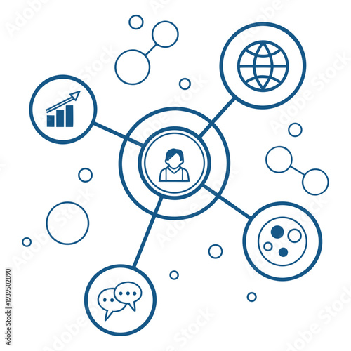 A blue line drawing of a person in a circle connected to other circles with various business and communication icons around them