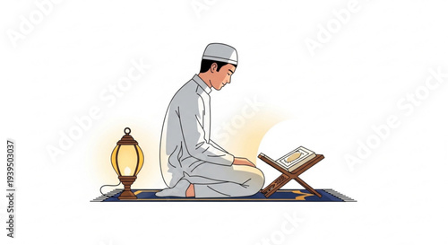 Devout Muslim man reverently performing prayer, kneeling on a mat with a holy book, illuminated by the warm glow of a lantern, symbolizing faith