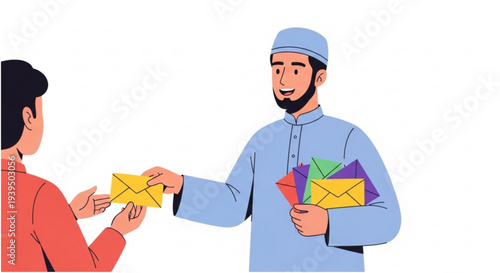 Muslim man joyfully exchanging colorful envelopes with another person, symbolizing friendly communication and sharing greetings during a festive occasion or daily interaction