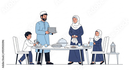 Heartwarming illustration of a Muslim family preparing for or sharing a traditional meal, symbolizing unity, cultural celebration, and cherished family bonds