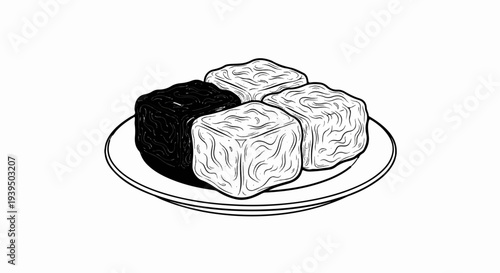 A black and three white cubed pastries sit on a simple plate