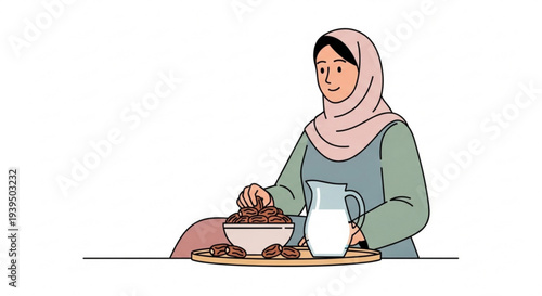 Illustration of a Muslim woman in hijab preparing a traditional Iftar meal with dates and fresh milk, symbolizing spiritual observance and cultural dining during Ramadan