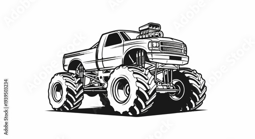A black and white illustration of a powerful monster truck with oversized wheels