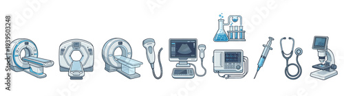 Professional Medical Diagnostic Equipment Icon Set Featuring MRI Scanner Ultrasound Syringe Stethoscope Microscope and Laboratory Tools for Healthcare Industry Illustration