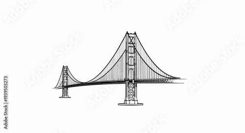 A black and white line drawing of a large suspension bridge