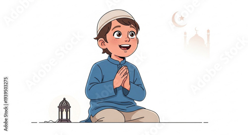 An adorable vector art depiction of a smiling Muslim boy engaged in heartfelt supplication, celebrating religious tradition and the serene beauty of childhood faith and devotion