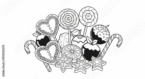 A black and white illustration of various sweets like candy canes, lollipops, cookies, and fruit