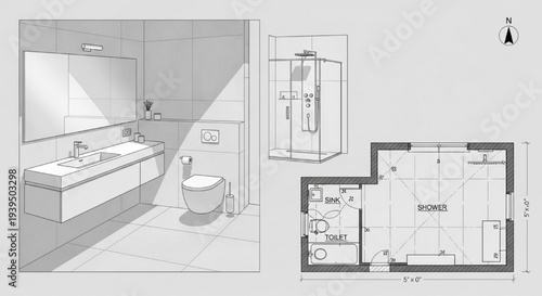 Top View Bathroom Floor Plan – Architectural Bathroom Layout with Fixtures for Interior Design Drawings