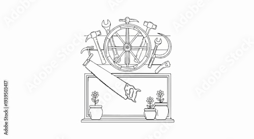 A black and white line drawing of various tools and flowers