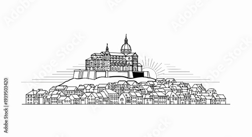 A black and white sketch depicts a hill crowned by a large building, overlooking a town