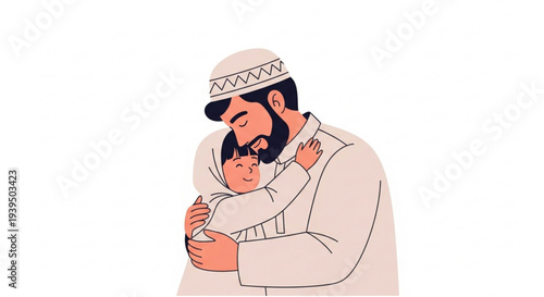 A tender illustration capturing the beautiful bond between a Muslim father and his child in a warm embrace, symbolizing love, family, and cultural heritage