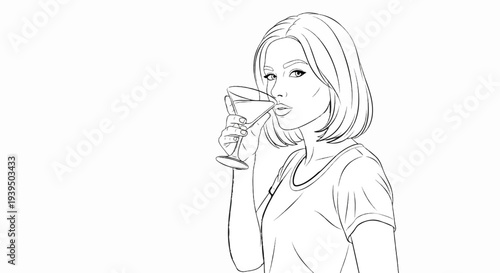 Woman drinking from a martini glass, sketched