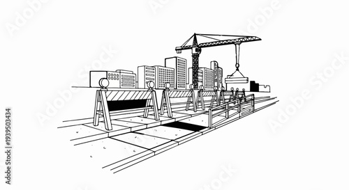 A construction scene with barriers, a crane, and buildings under development