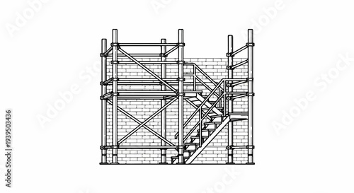 A brick wall with scaffolding and stairs, rendered in black and white line art