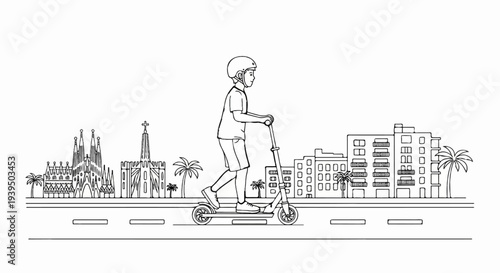 Young person on a scooter with a city skyline featuring famous architecture