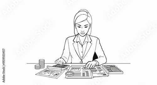 Woman in business attire calculates finances using calculator and abacus