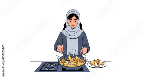 Young woman in a modest headscarf skillfully prepares a homemade meal on a stove, showcasing a moment of domestic culinary art and everyday living