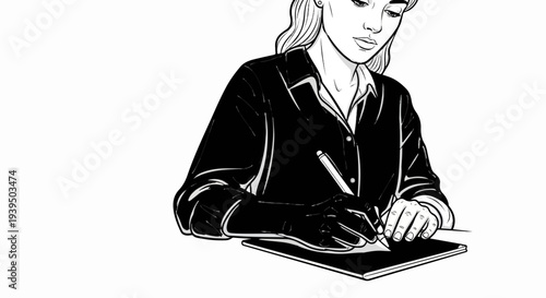 Woman in dark shirt writes with pen on paper in a sketchbook