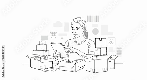 Woman with tablet surrounded by packages, online retail concept