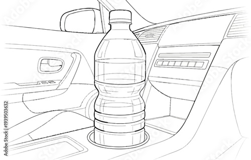 Water bottle resting in a car's cup holder, interior view