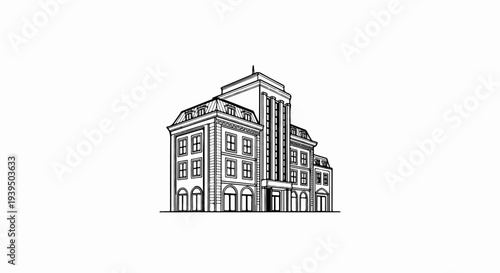 A detailed line drawing of a multi-story classical building with symmetrical features
