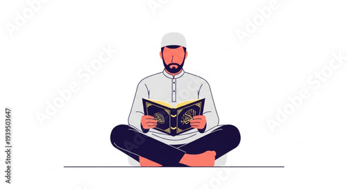 A devout Muslim man sits cross-legged, deeply engrossed in reading a holy book, symbolizing spiritual devotion and religious study within the Islamic faith