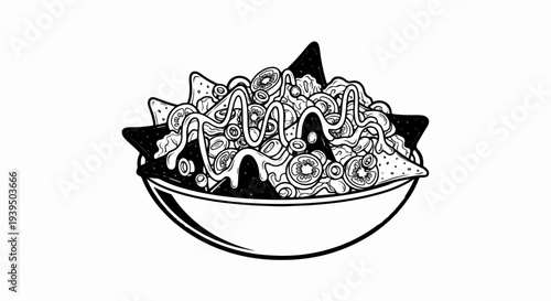A black and white illustration of a loaded bowl of chips, salsa, and cheese sauce