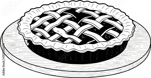 A black and white drawing of a pie with a lattice crust on a wooden board
