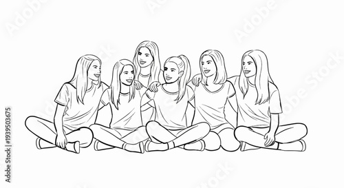 A group of young women sit together, arms around each other, smiling