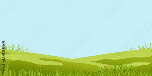 Simple landscape illustration of green hills against a light blue sky