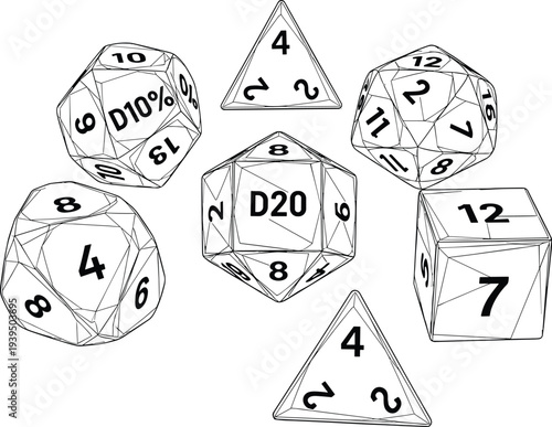 Black silhouette vector illustration of polyhedral dice set for tabletop role-playing games, including D4, D6, D8, D10, D12, and D20