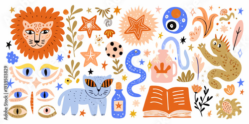 Whimsical illustration featuring a lion stars eyes and magical creatures