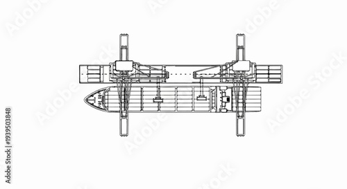 A blueprint-style top-down view of a large cargo ship with cranes