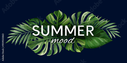 Tropical leaves frame the word summer with a relaxed mood