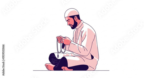 Vector illustration of a devoted Muslim man sitting in a meditative posture, deeply engaged in prayer and spiritual contemplation, using rosary beads for serene reflection