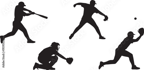 Baseball players silhouette icon set