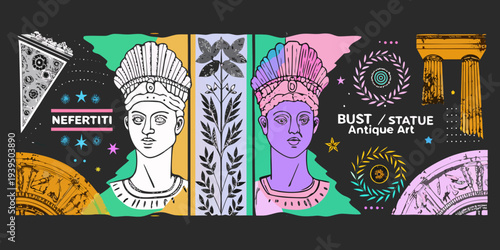 Collage featuring nefertiti greek columns and botanical elements in vibrant colors
