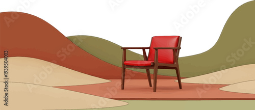 A single red armchair sits on a textured rug amidst rolling abstract hills