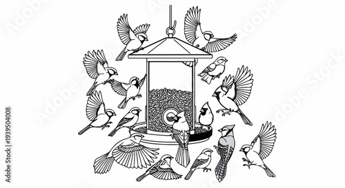 A collection of diverse birds gather around a seed-filled feeder