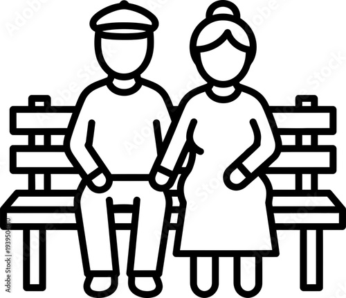 Elderly man and woman sitting on park bench holding hands, depicting senior couple and lasting love concept. Vector illustration or icon
