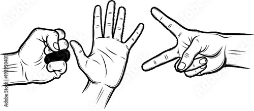 Three hands displaying rock, paper, and scissors in a game