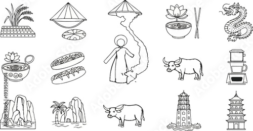 A collage of Vietnamese cultural icons including food, landmarks, and symbols