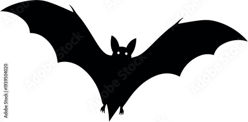A black silhouette of a bat in flight against a white background