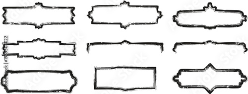 A collection of nine distressed, black and white decorative frames and banners with varied shapes