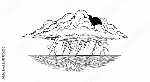 Stylized storm clouds unleash lightning over turbulent ocean waves