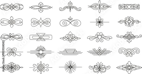 A collection of twenty-five ornate decorative line art flourishes and dividers